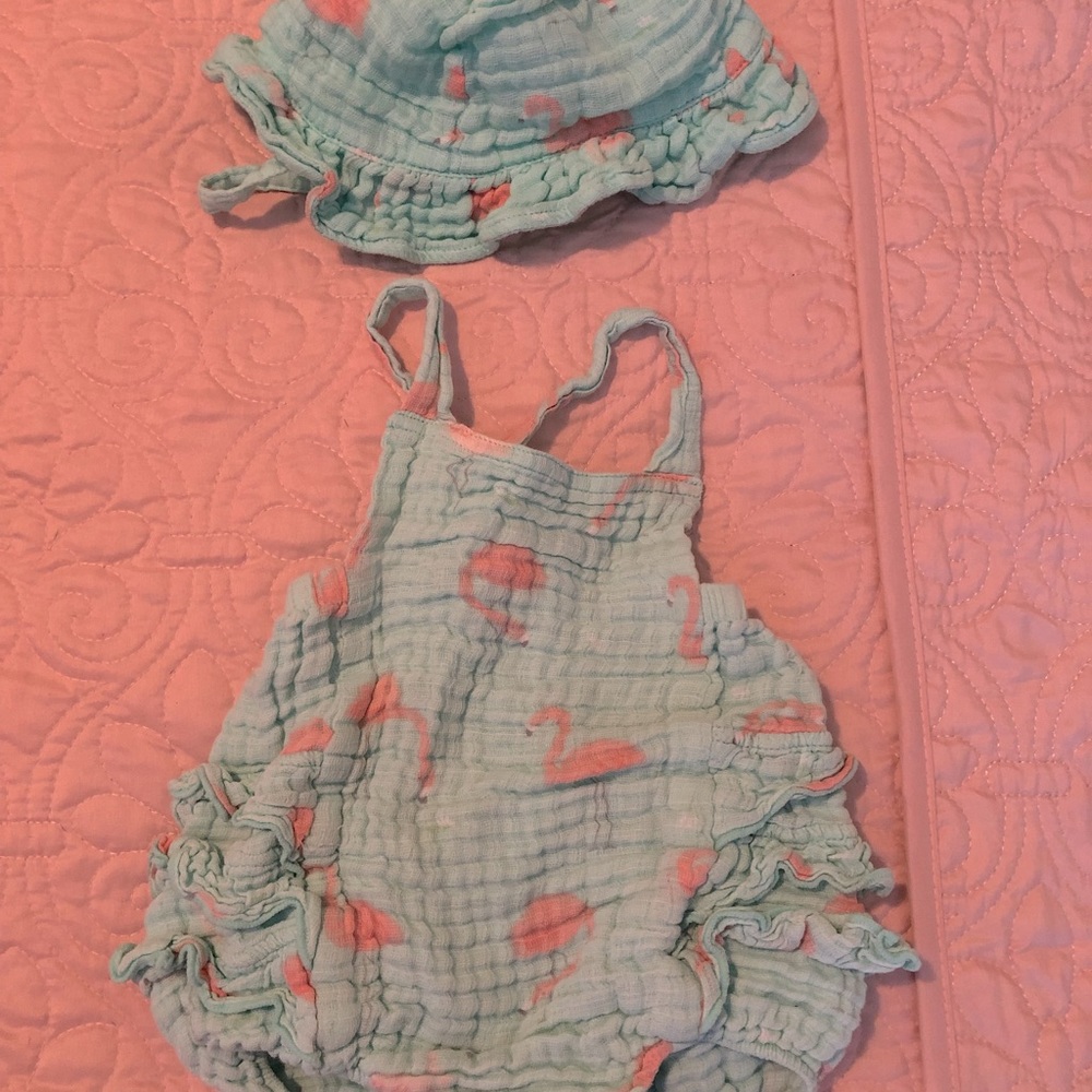 Angel Dear flamingo print cotton sun suit with matching hat